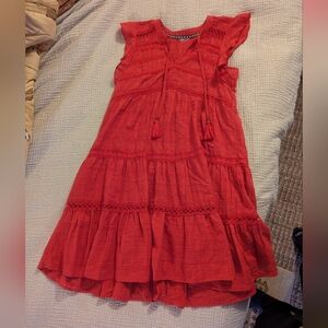 Anthropologie Red Tiered Dress Embroidered M/L
